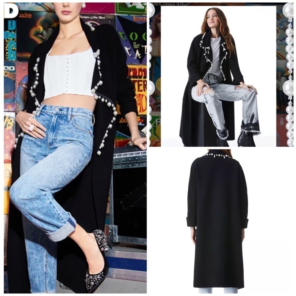 Alice + Olivia Delinda Faux Pearl Embellished Wool Sweater Coat